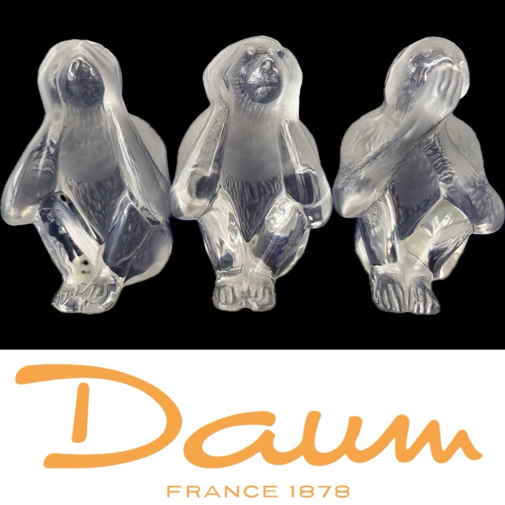 🙈🙉🙊SET 3 Wise Monkeys No See No Hear No Speak Frosted/Clear Crystal—Daum France